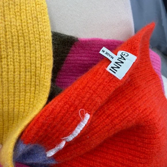 GANNI Scarf Multicolor Colorblock Ribbed Knit Wool Blend Oversize Winter - Picture 3 of 4